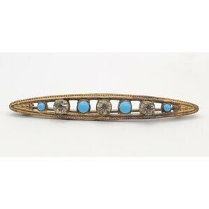 Turquoise Enamel & Rhinestone Bar Pin Antique Art Deco Victorian Brooch